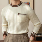 Men's Striped Knitted Round Neck Sweater with Pocket
