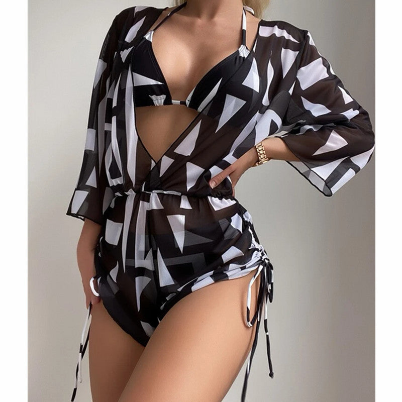 2024 High-Waisted Printed Swimsuit 3-Piece Set