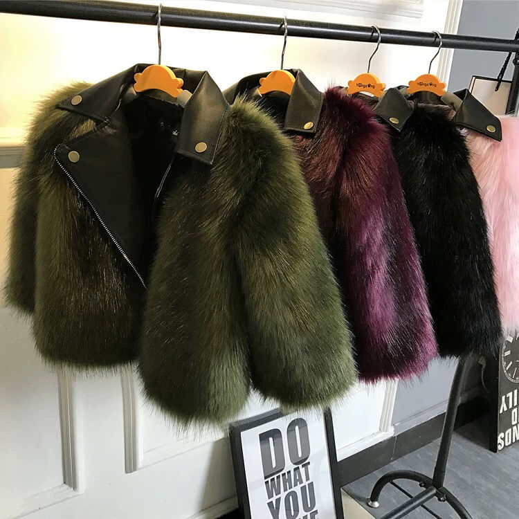 Children's Faux Fox Fur Coat - Casual Military Green