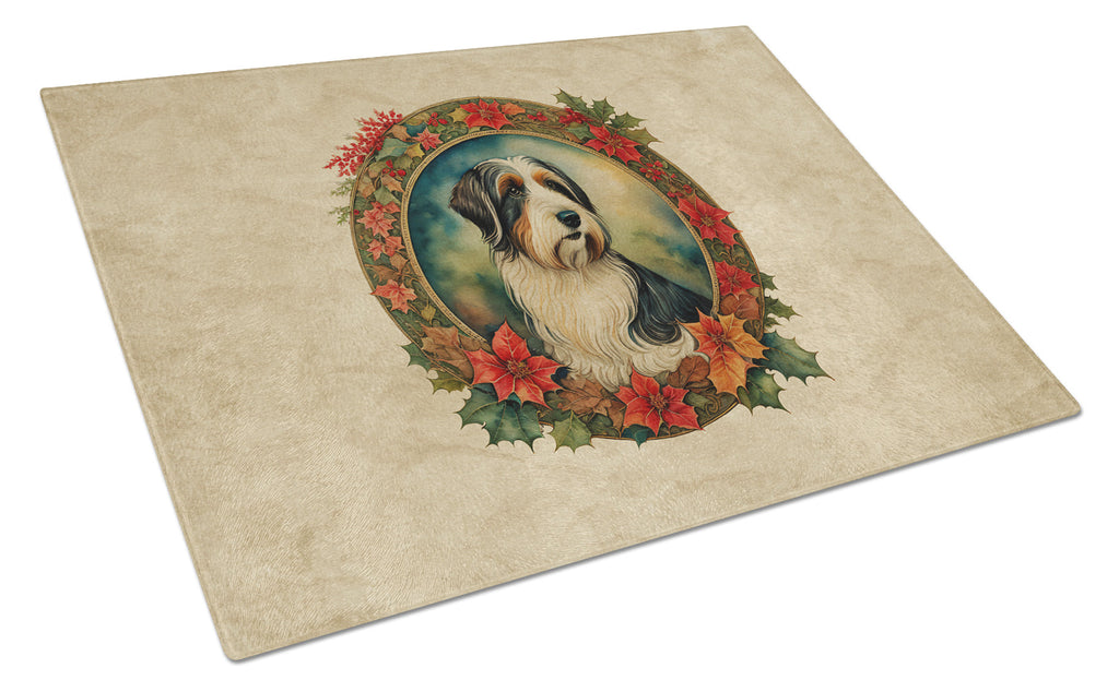 Bearded Collie Christmas Flowers Glass Cutting Board