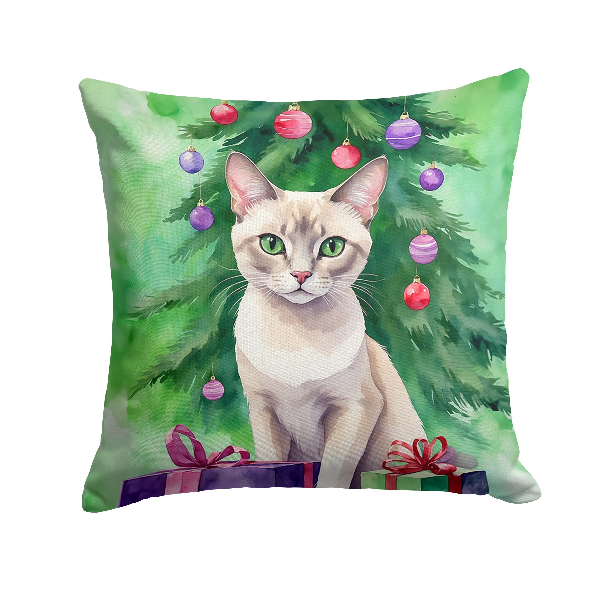 Thai Lilac Cat By the Christmas Tree Throw Pillow