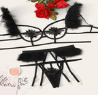 Ostrich Feather 3-Piece Lingerie Set with Steel Ring