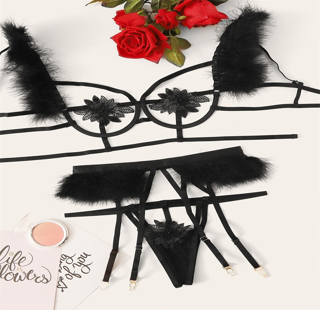 Ostrich Feather 3-Piece Lingerie Set with Steel Ring