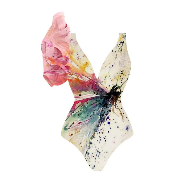 One-Shoulder Ruffle Print One-Piece Swimsuit