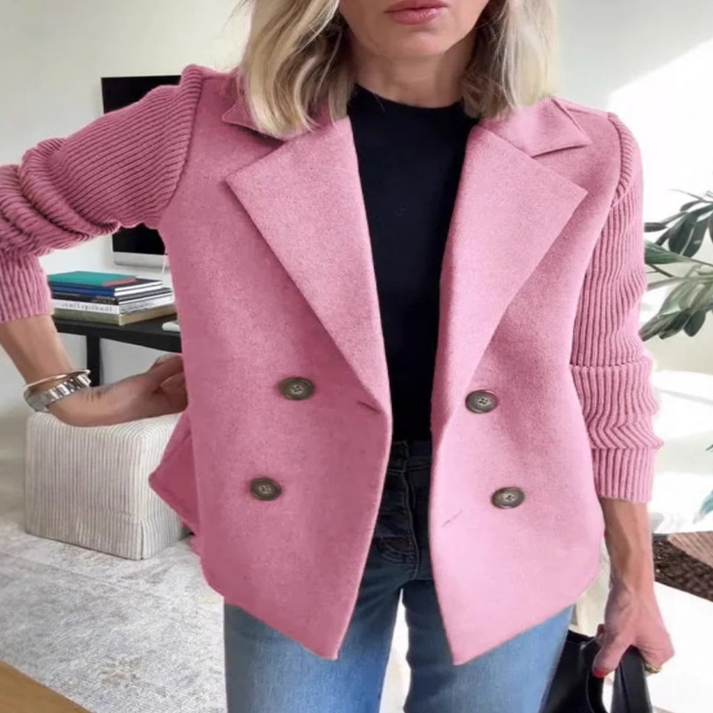 Women's Double-Breasted Lapel Coat with Knitted Sleeves