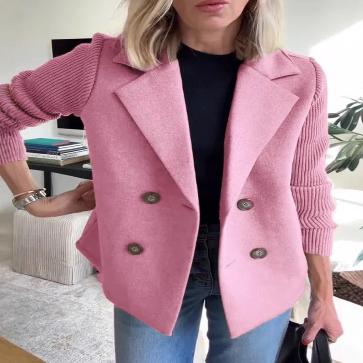 Women's Double-Breasted Lapel Coat with Knitted Sleeves