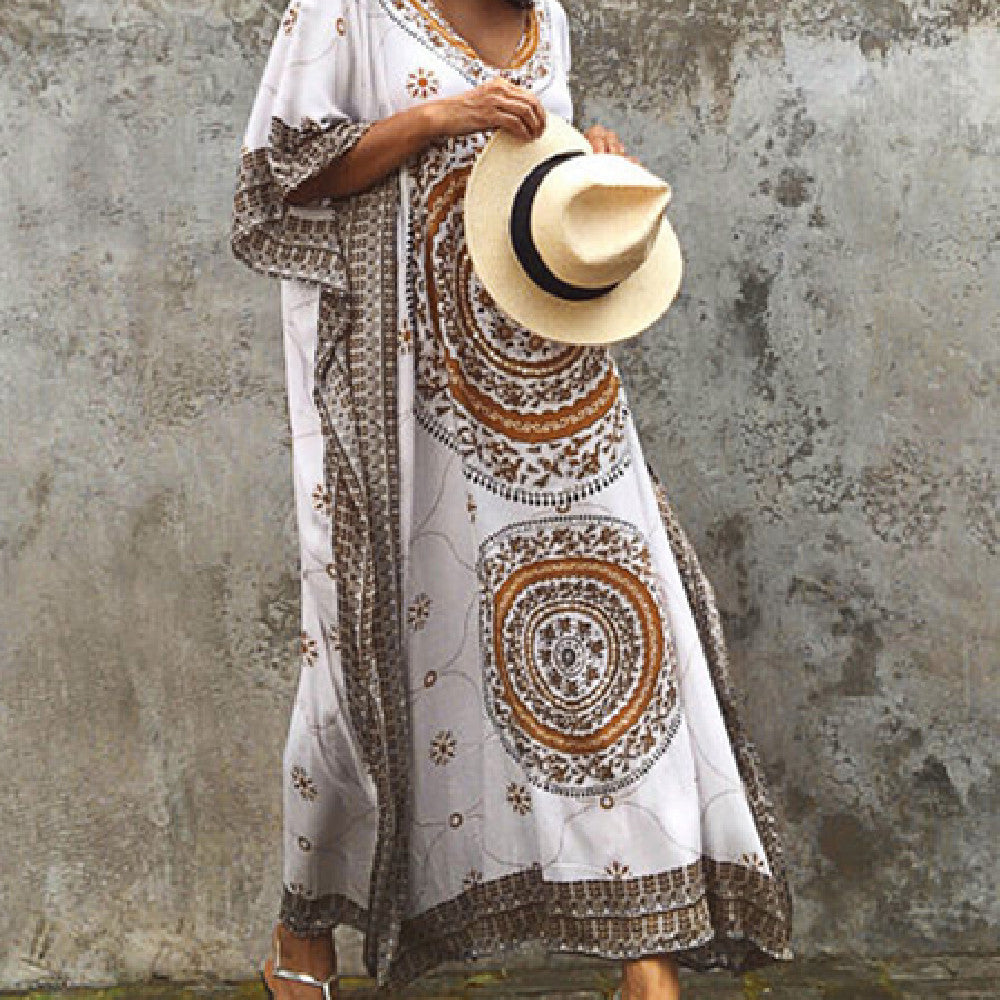 Rayon Loose Long Beach Cover-Up with Floral Design