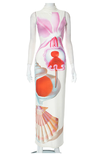 Printed Half Turtleneck Slim Fit Sleeveless Dress