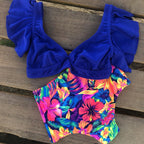 Vintage Floral High-Waisted Bikini with Ruffle Top