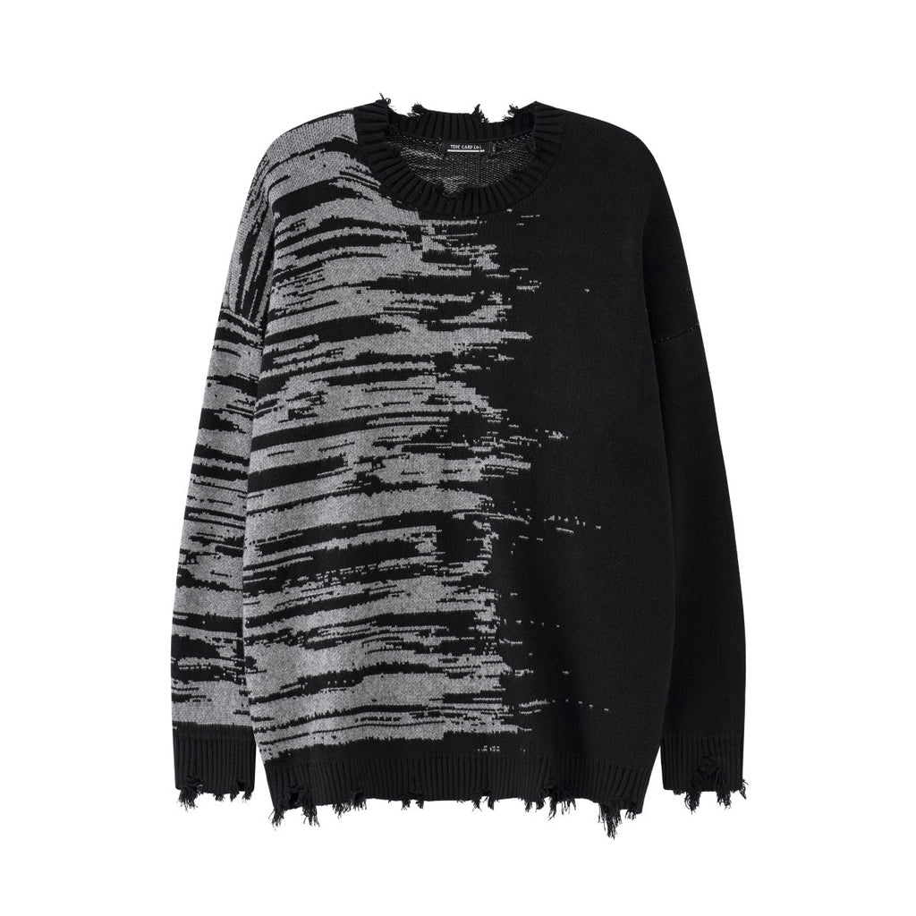 Zebra Pattern Ripped Tassel Loose Neck Knit Sweater