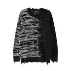 Zebra Pattern Ripped Tassel Loose Neck Knit Sweater