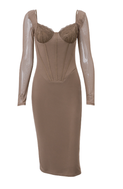 Mokka Midi Dress with Corset and Long Sleeves (One Piece)