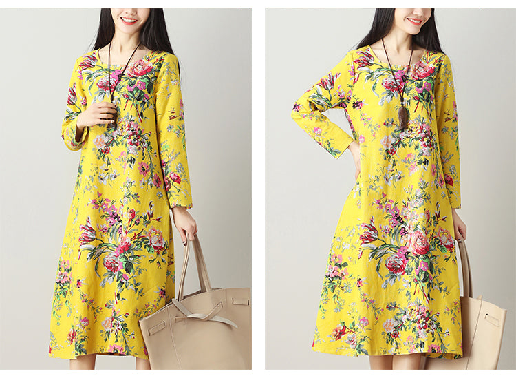 Cotton Linen Dress, Ethnic Style Mid-Length Dress