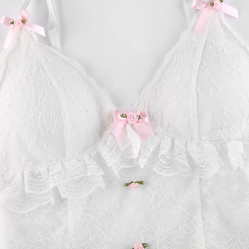 Gothic Lace Bowknot White Cropped Top for Women