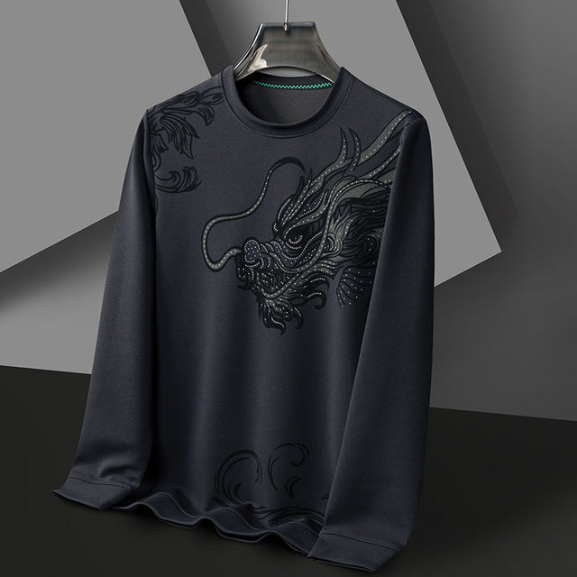 Men's Round Neck Long Sleeve Hoodie with Dragon Print | Streetwear