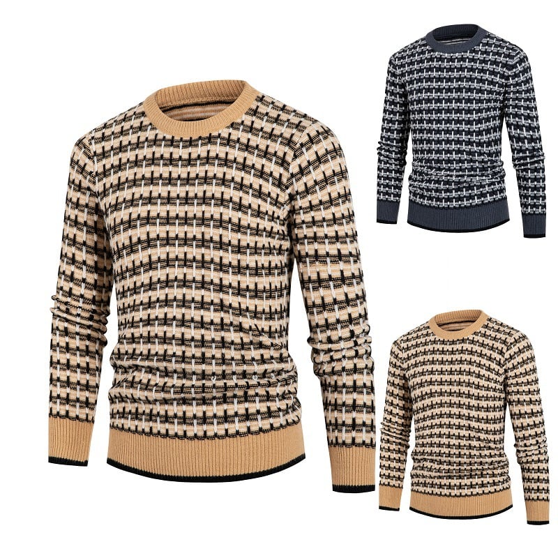Solid Plaid Round Neck Pullover Sweater for Men | Streetwear