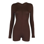 Solid Color Back Pleated Zipper Bodysuit Shorts