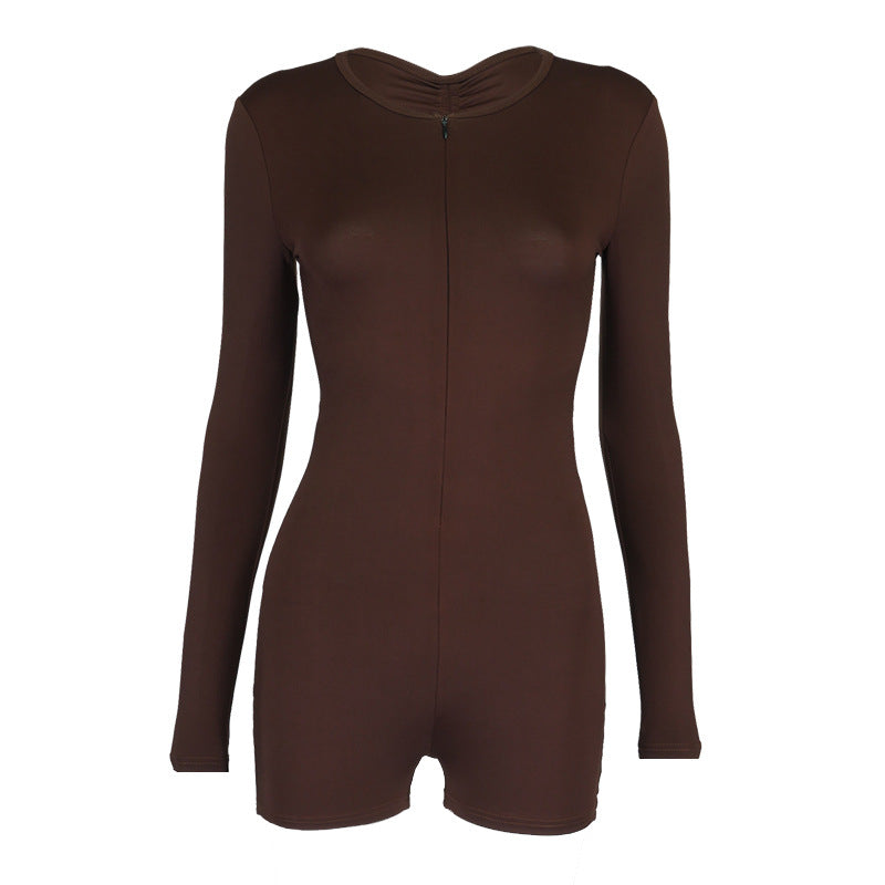 Solid Color Back Pleated Zipper Bodysuit Shorts