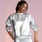 Round Neck Long Sleeve PU Leather Top Coat