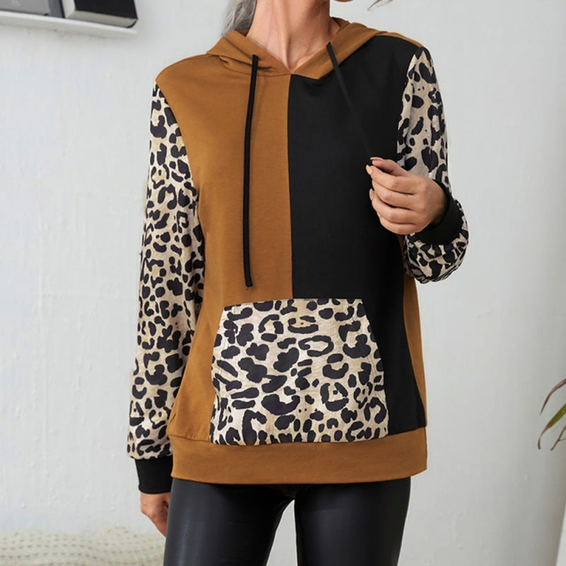 Leopard Print Color Block Long Sleeve Hoodie | Streetwear