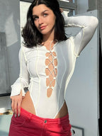 Fashionable Women's V-Neck Hollow-Out Long Sleeve Bodysuit