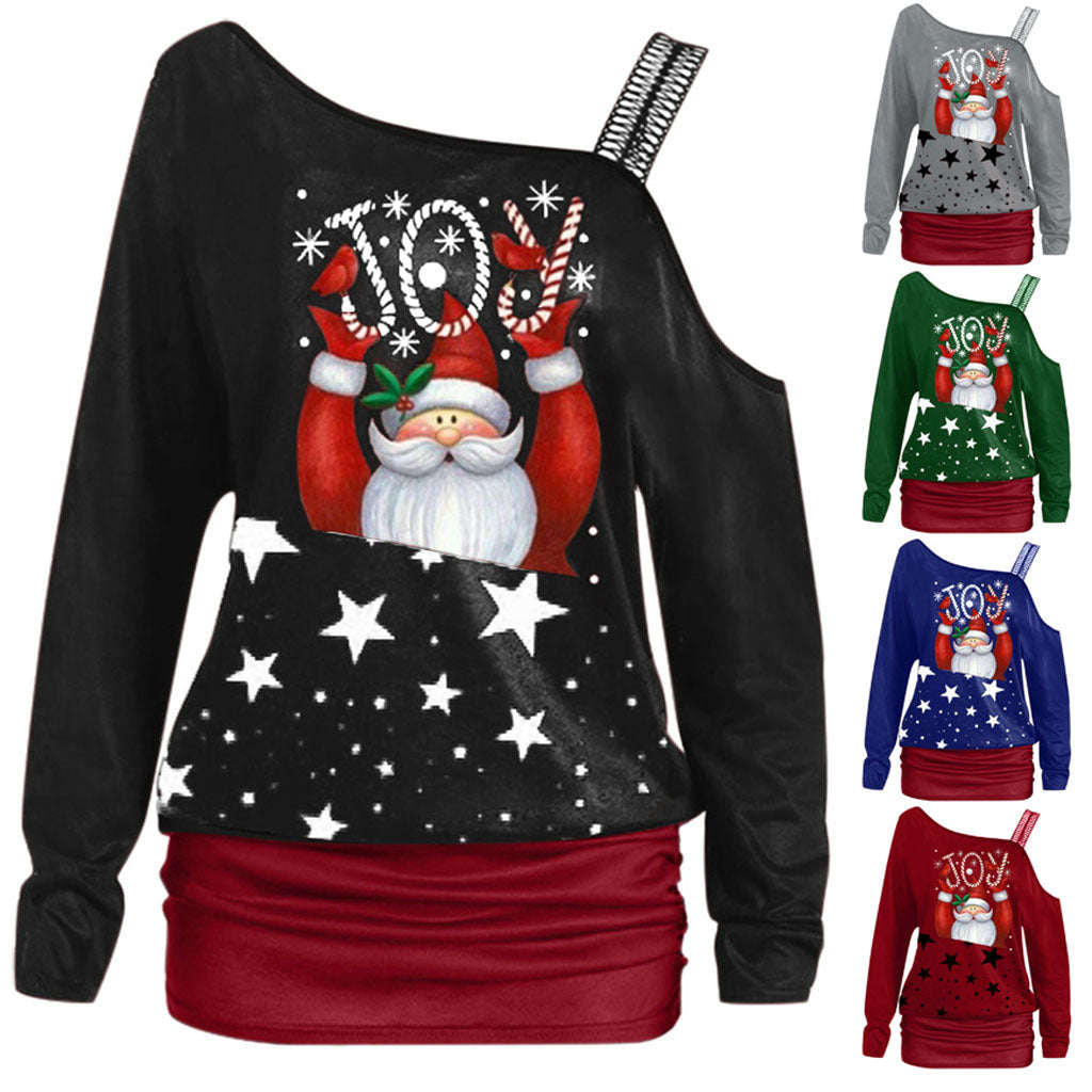 Color-Block Christmas Print One-Shoulder T-Shirt | Streetwear