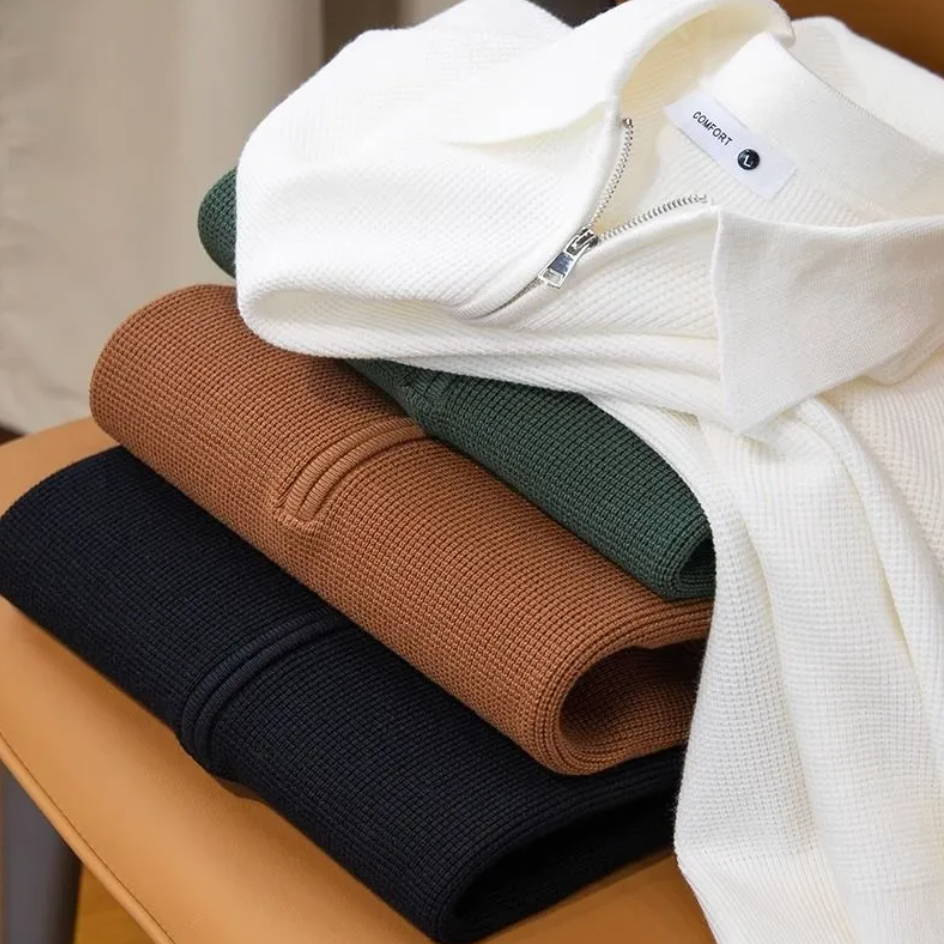 Men's Knitted Waffle Half-Zip Lapel Sweater