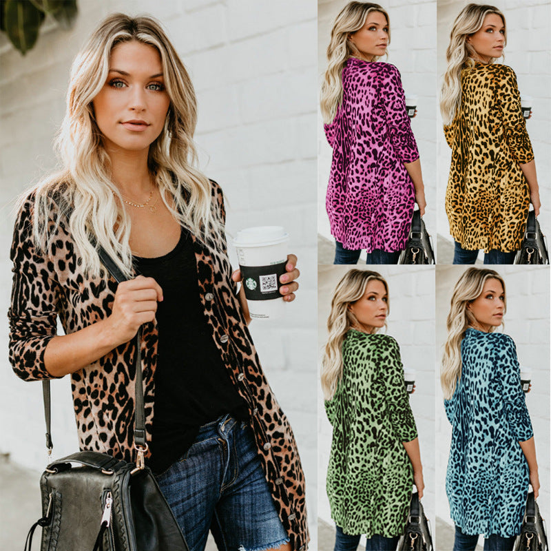 V-neck Long Sleeve Leopard Print Jacket
