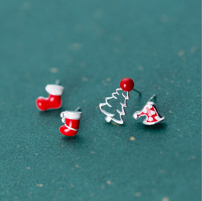 Silver Christmas Earrings with Cute Hat and Tree