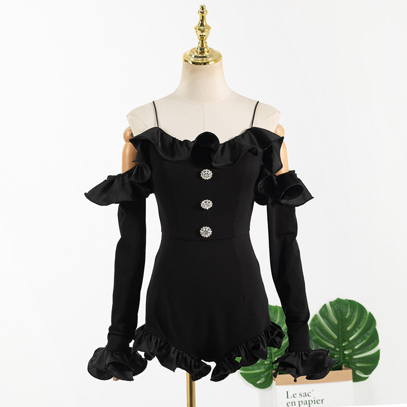 Jennie Style Black Long Sleeve Ruffled Bodysuit