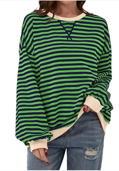 Loose Striped Long Sleeve T-shirt Casual Pullover Sweater For Womens Clothing | Streetwear