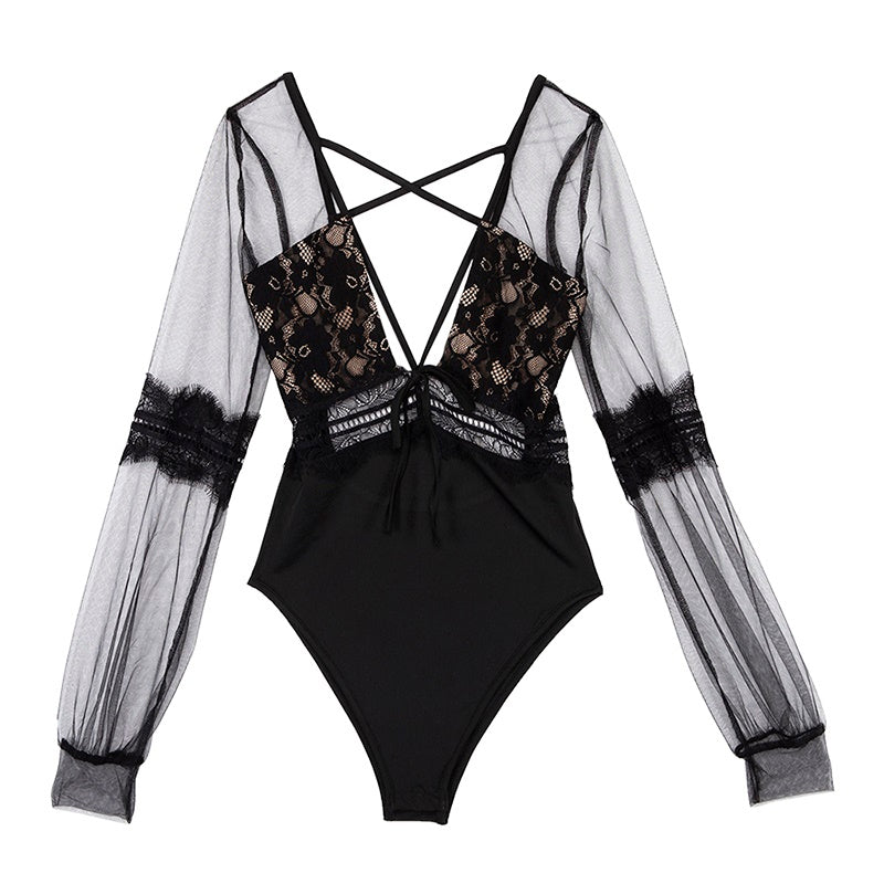 Black Sheer Lace Long Sleeve Bodysuit for Women