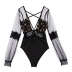 Black Sheer Lace Long Sleeve Bodysuit for Women
