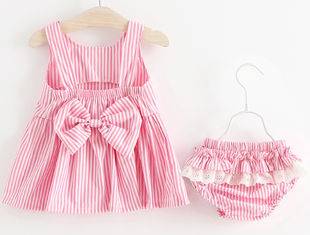 Summer Girls' Cotton Striped Dress and Shorts Set