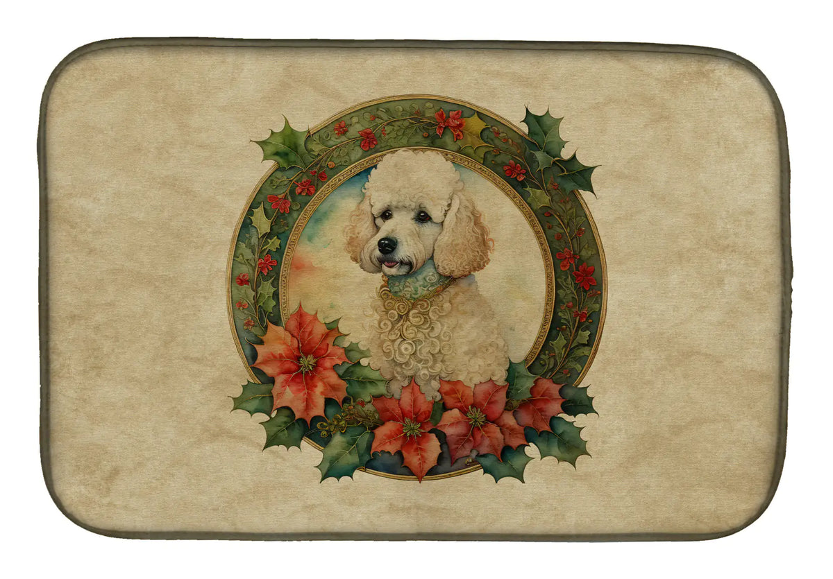 Poodle Christmas Flowers Dish Drying Mat