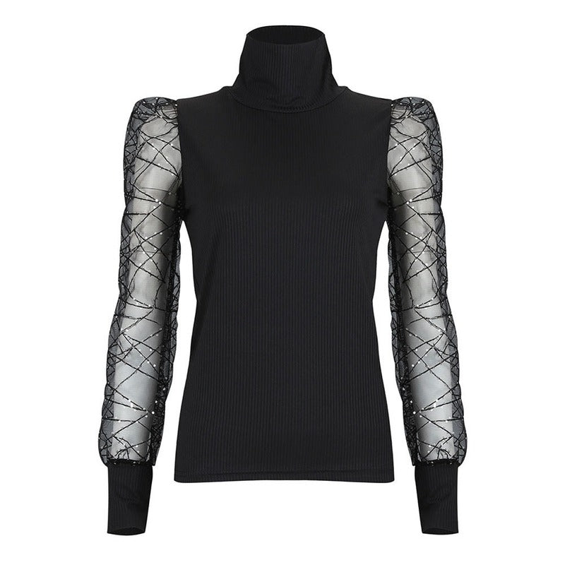 Puff Sleeve Mesh Polka Dot Turtleneck Pullover Top | Streetwear