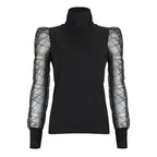 Puff Sleeve Mesh Polka Dot Turtleneck Pullover Top | Streetwear