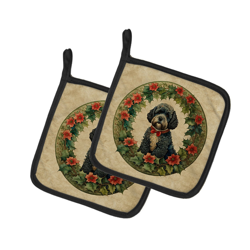 Portuguese Water Dog Christmas Flowers Pair of Pot Holders