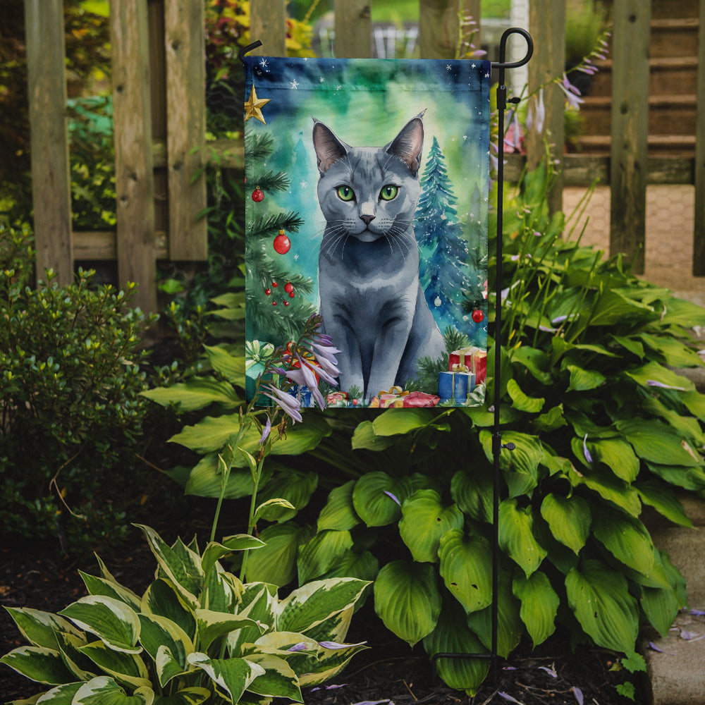 Russian Blue Cat By the Christmas Tree Garden Flag