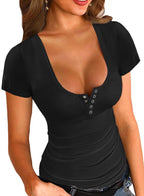 Solid Color Casual U-Neck Short Sleeve Pullover Top | Streetwear