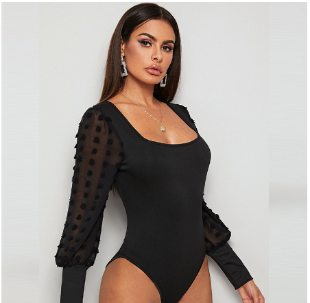 Mesh Long Sleeve Sexy Women's Bodysuit Top