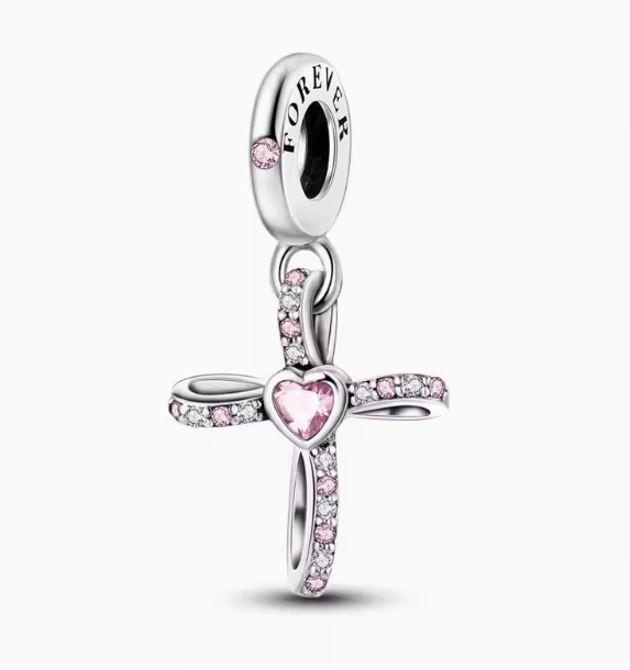 Silver Heart Cross Bead Charm