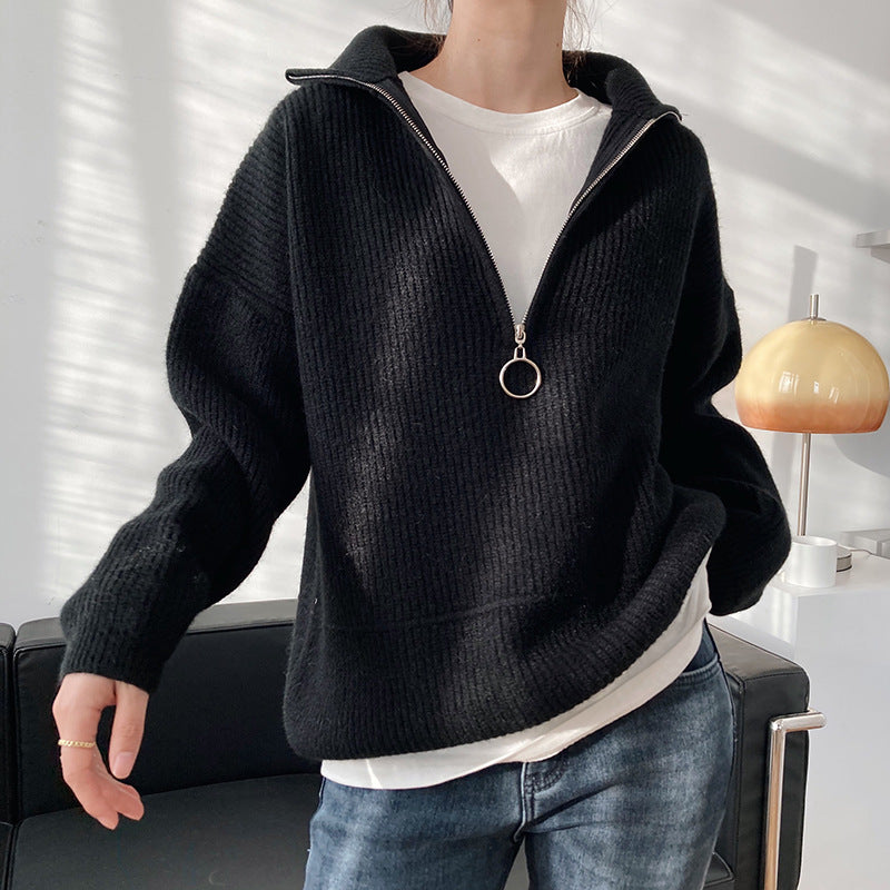 High Neck Zipper Loose Pullover Sweater | Streetwear