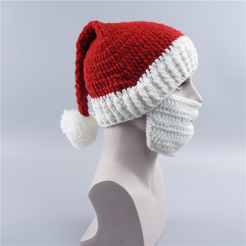 Men's Knitted Santa Hat with Removable Beard | Embroidered Cap