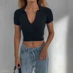 Women's Knitted Polo Collar Short Sleeve Tank Top