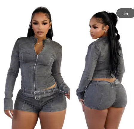 Denim 2-Piece Set: Zip-Up Jacket & Shorts