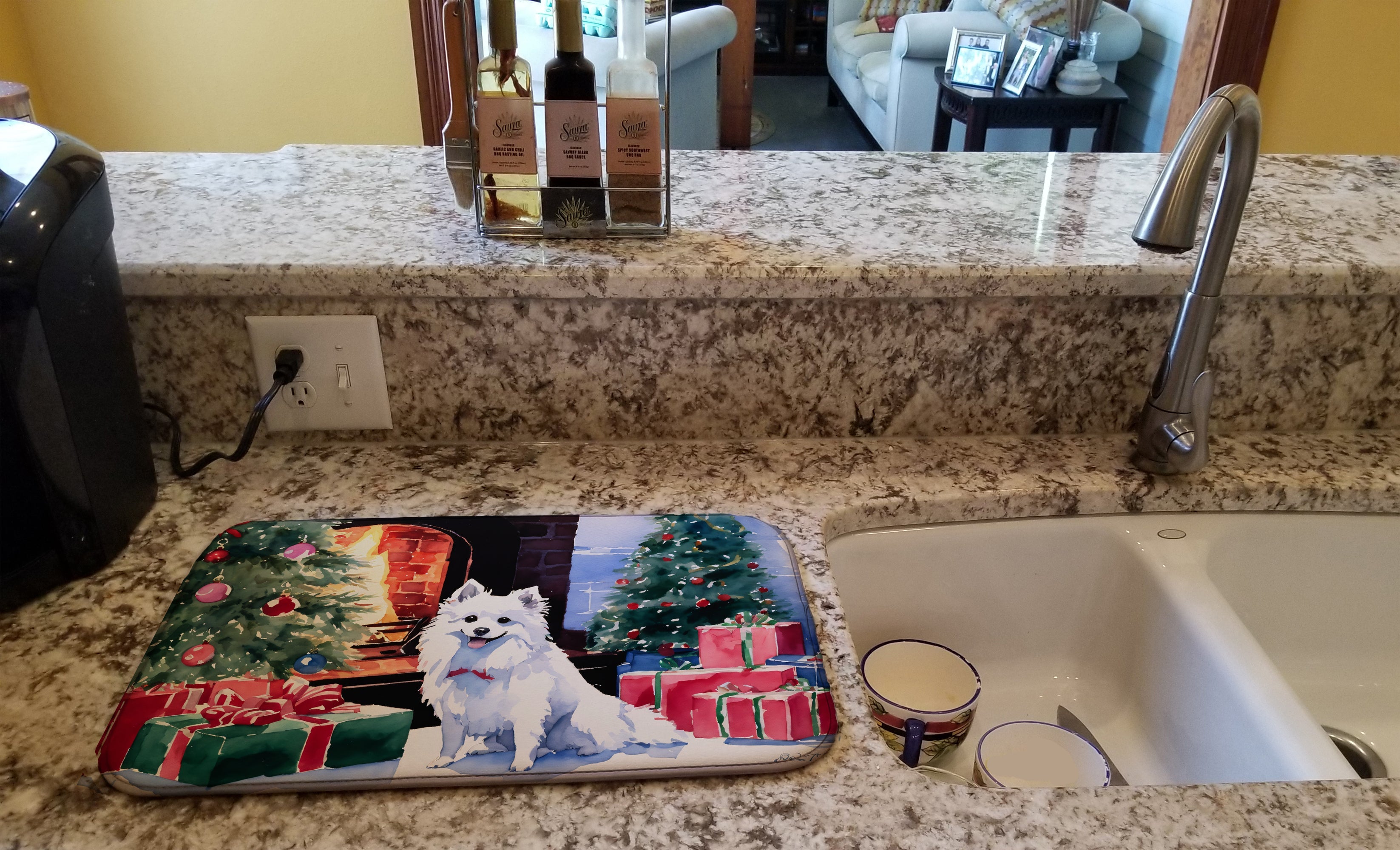Japanese Spitz Cozy Christmas Dish Drying Mat