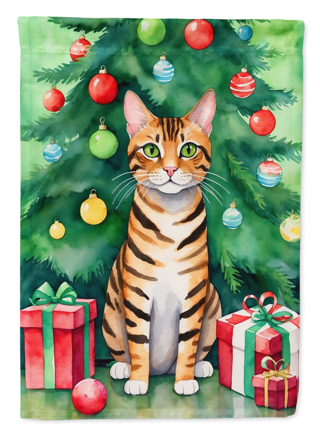 Toyger Cat By the Christmas Tree House Flag