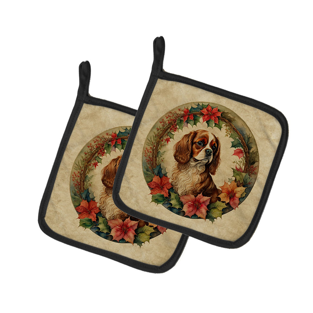 Cavalier Spaniel Christmas Flowers Pair of Pot Holders