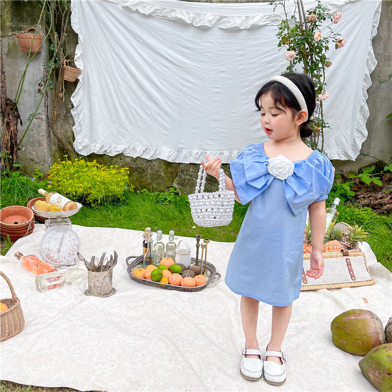 Floral Cotton Princess Dress with Sleeved Bowknot